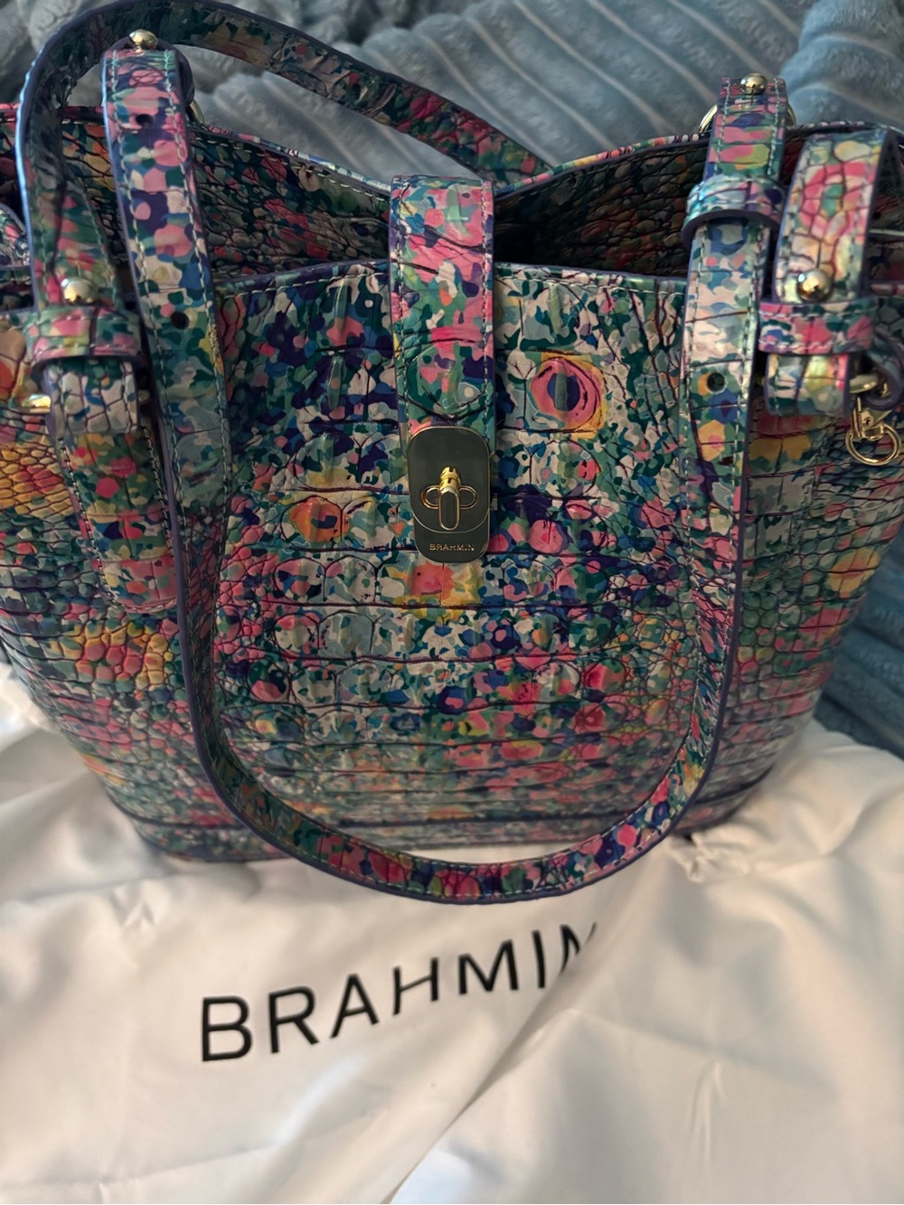 Brahmin Multicolor Floral Croc-Embossed Shoulder Tote - Picture 2 of 7